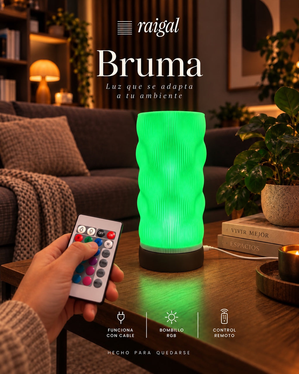 Lámpara Bruma con base Café, en luz verde con el control remoto de la luz RGB; funciona con cable