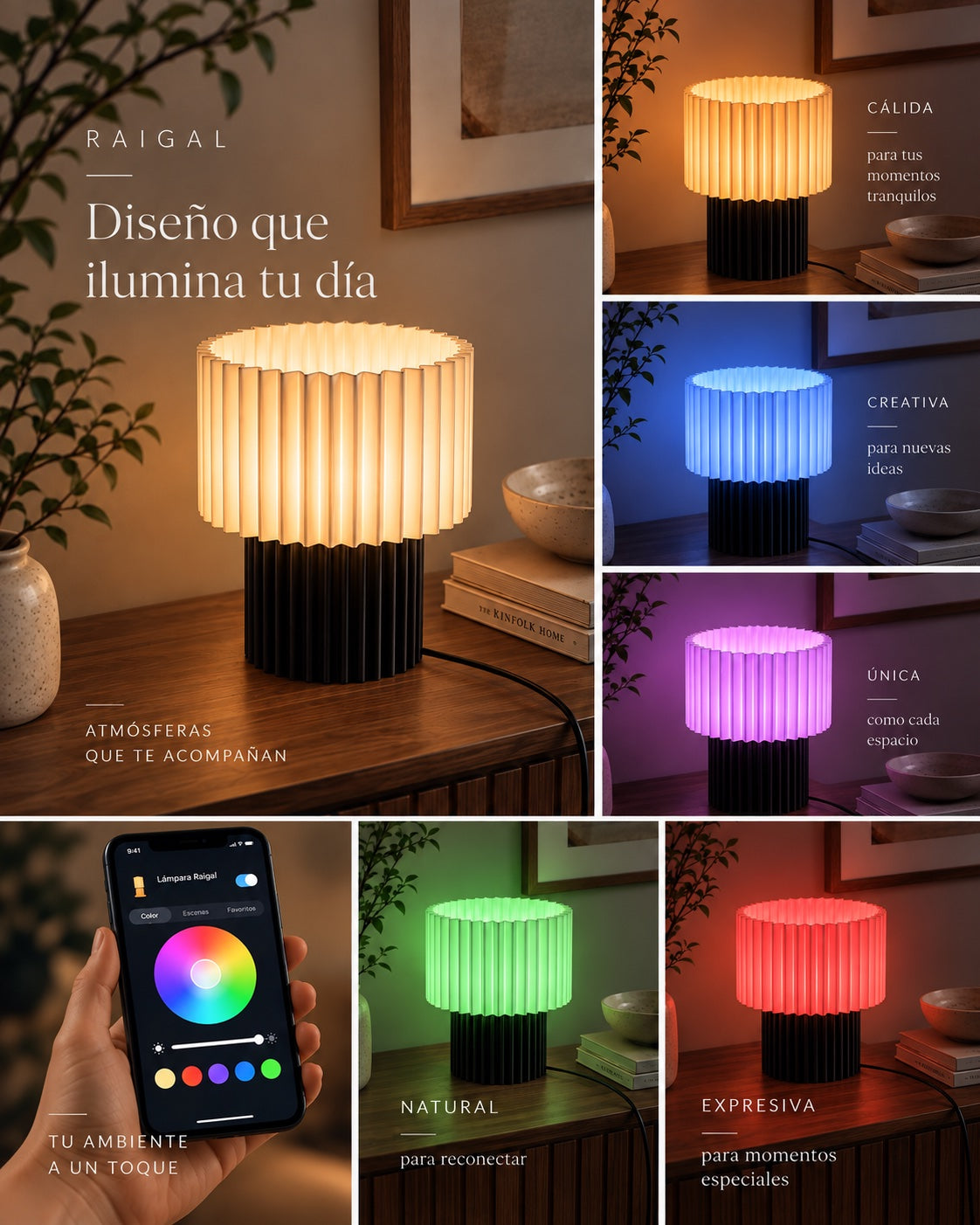 Lámpara Ceiba en Carbón: modos de luz RGB y control desde el celular
