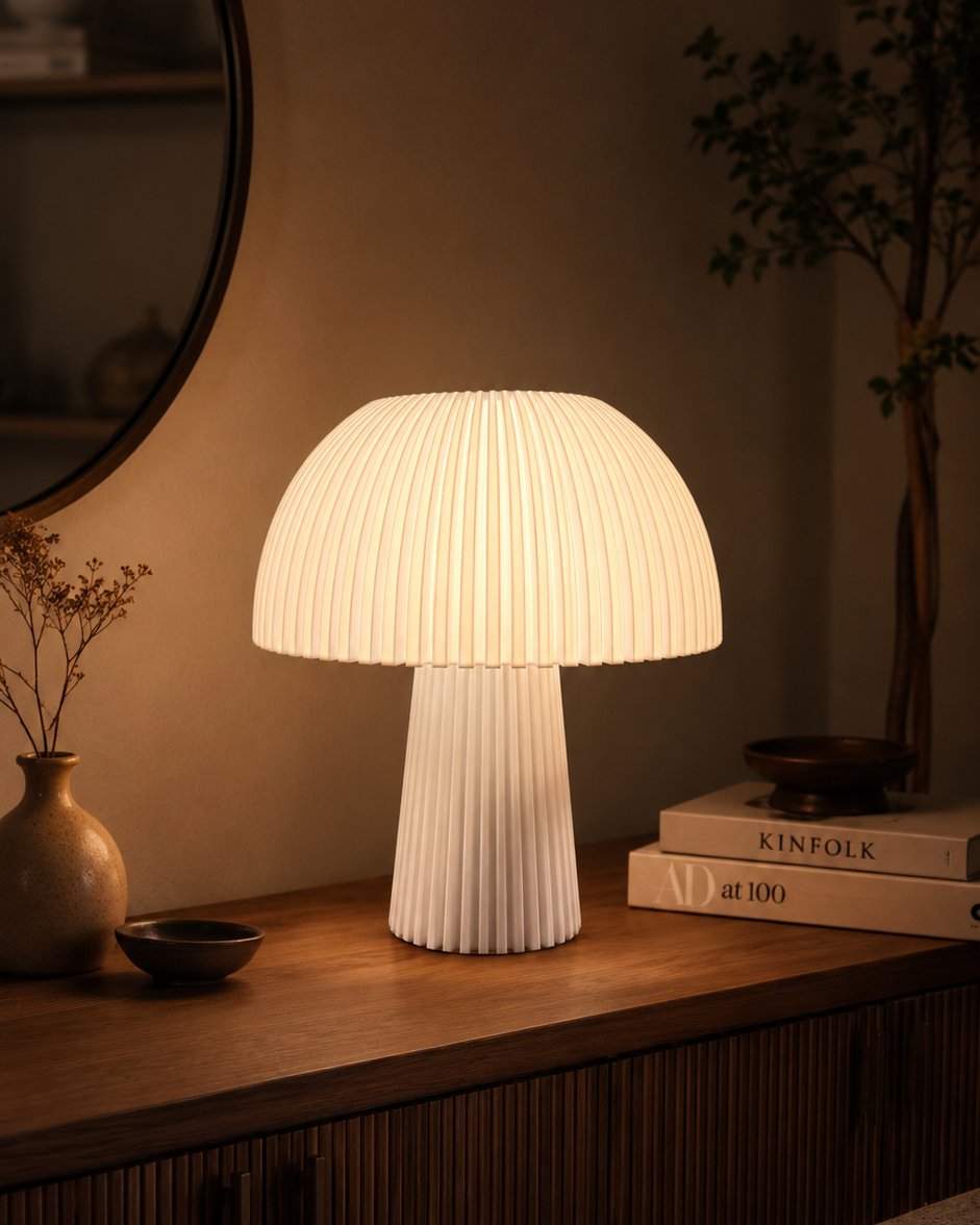 Lámpara Seta Maxi en Blanco Algodón, encendida sobre un aparador de madera