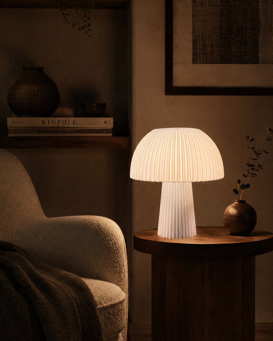 Lámpara Seta Maxi en Blanco Algodón, encendida en una mesa auxiliar junto a un sillón