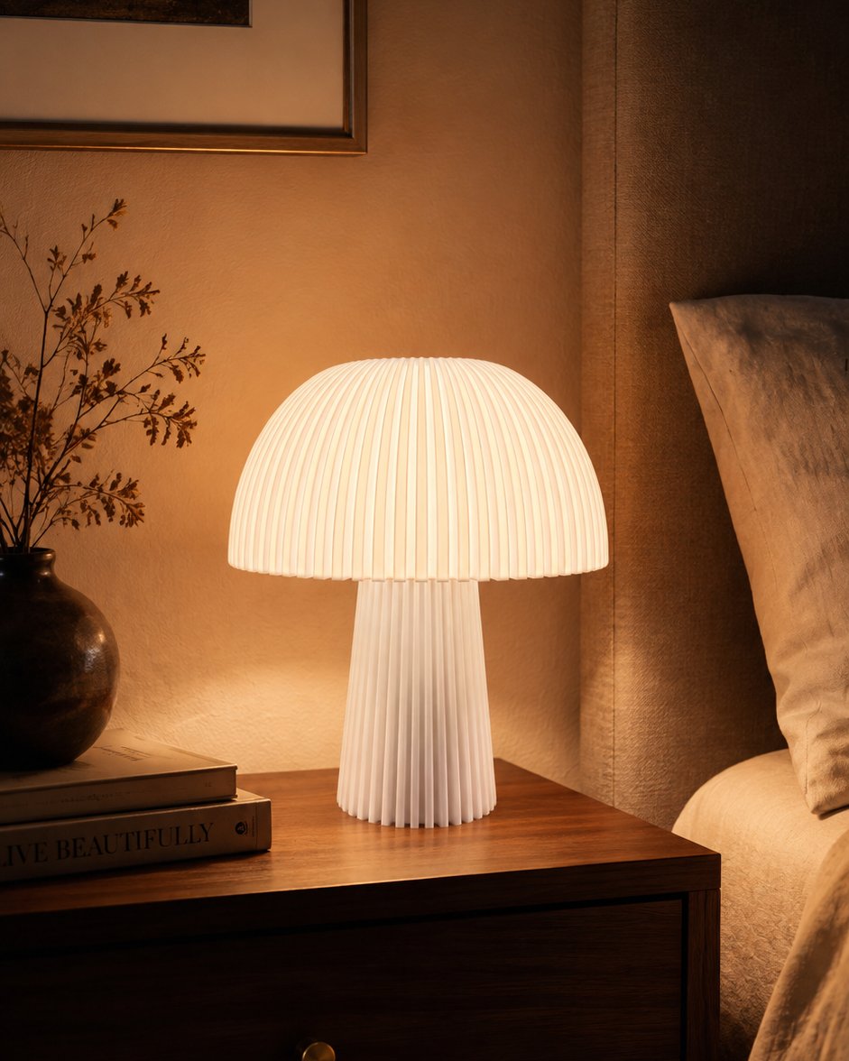 Lámpara Seta Maxi en Blanco Algodón, encendida en una mesa de noche junto a la cama