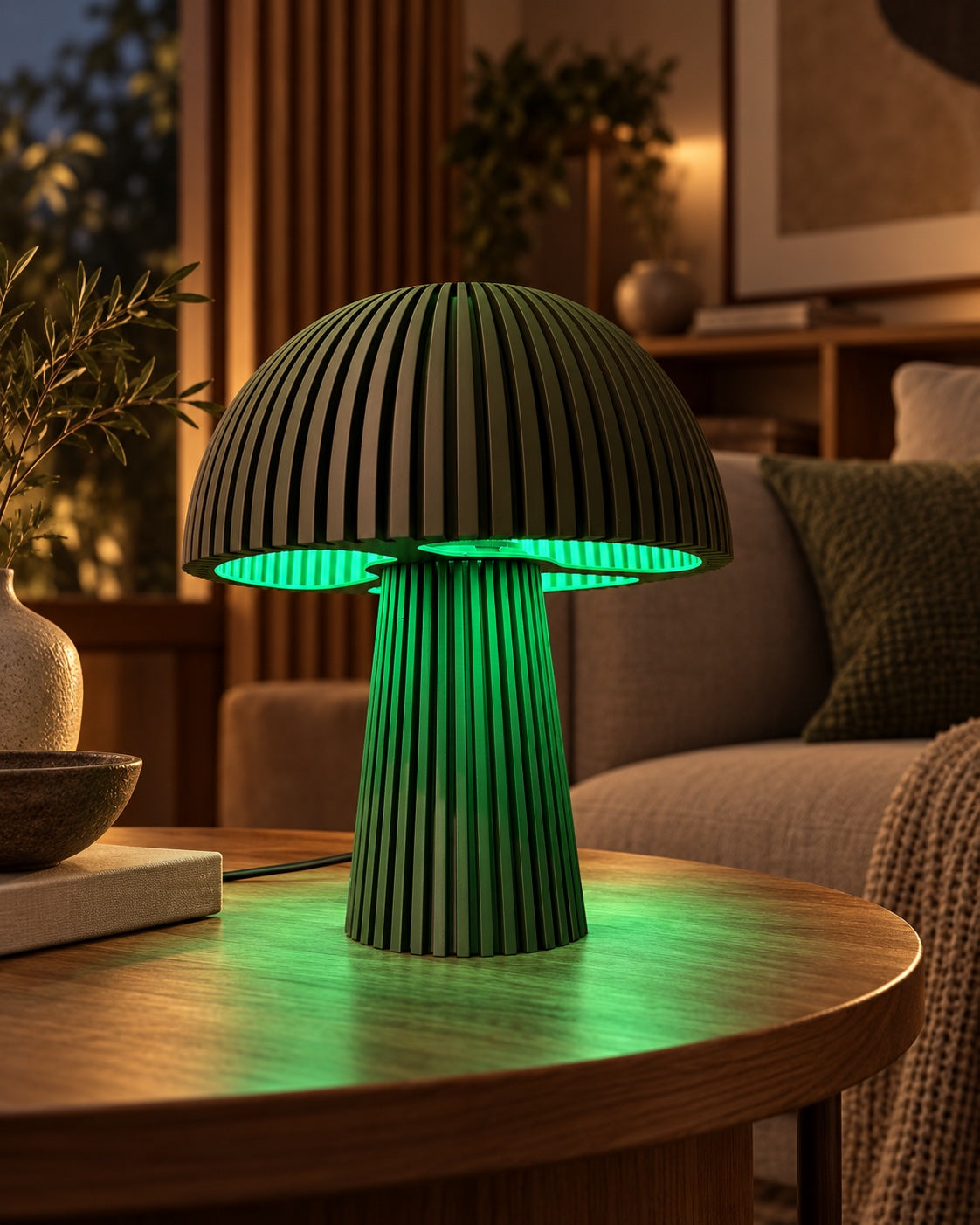 Lámpara Seta Maxi en Musgo con luz RGB verde sobre una mesa de centro