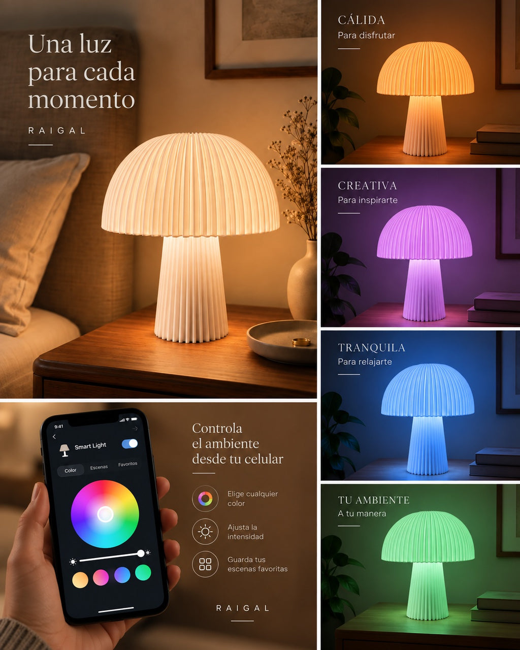 Lámpara Seta Maxi en Blanco Algodón: modos de luz RGB y control desde el celular
