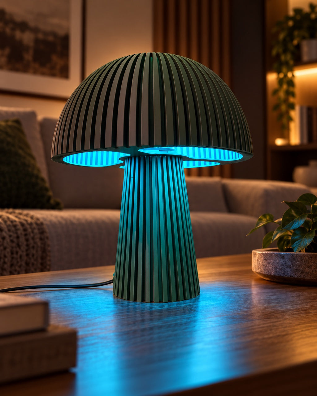 Lámpara Seta Maxi en Musgo con luz RGB azul sobre una mesa de centro