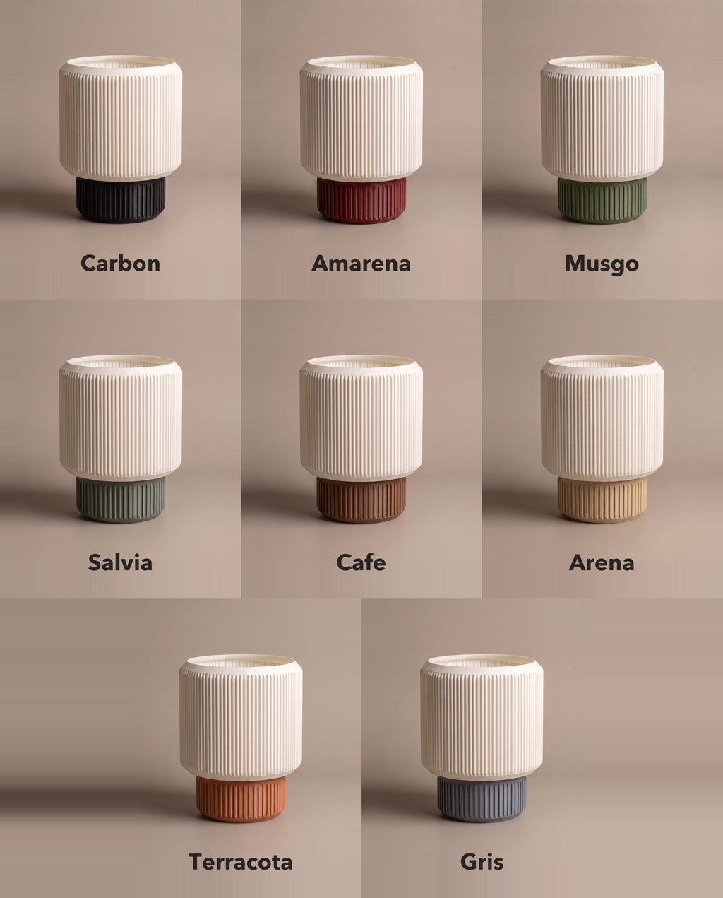 Lámpara Ágora en sus ocho colores de base: Carbón, Amarena, Musgo, Salvia, Café, Arena, Terracota y Gris