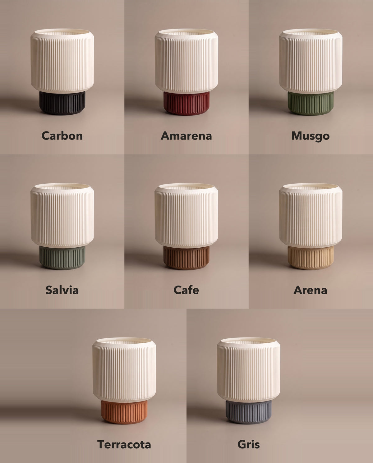 Lámpara Ágora en sus ocho colores de base: Carbón, Amarena, Musgo, Salvia, Café, Arena, Terracota y Gris