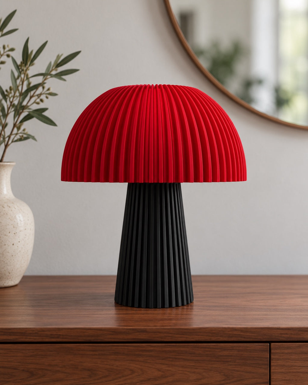 Lámpara Seta Maxi en Carbón + Rojo Cherry, apagada sobre un aparador de madera con luz de día