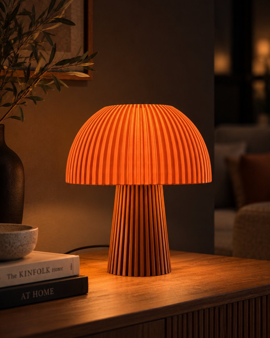 Lámpara Seta Maxi en Terracota, encendida sobre un aparador de madera junto a una planta