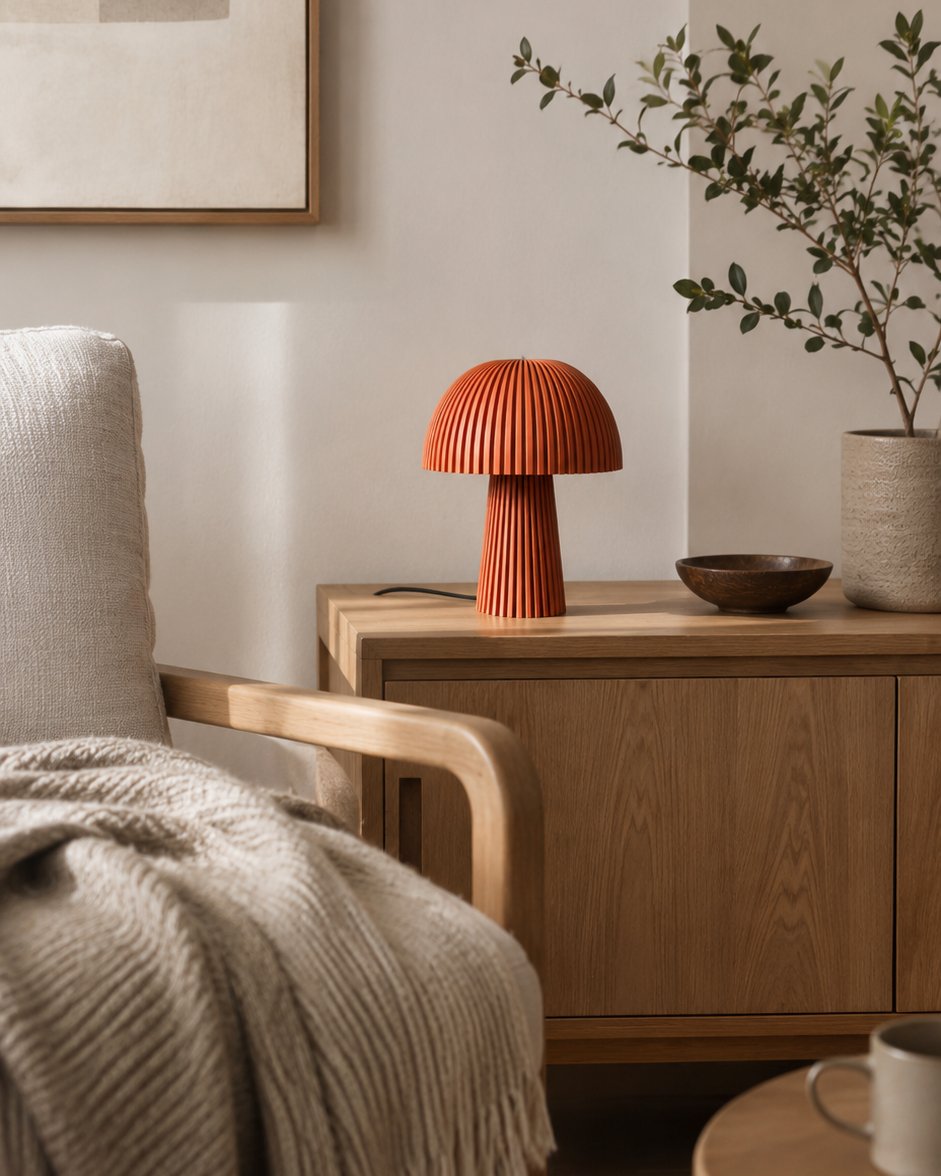 Lámpara Seta Maxi en Terracota, apagada sobre un aparador de madera junto a un sillón, con luz de día