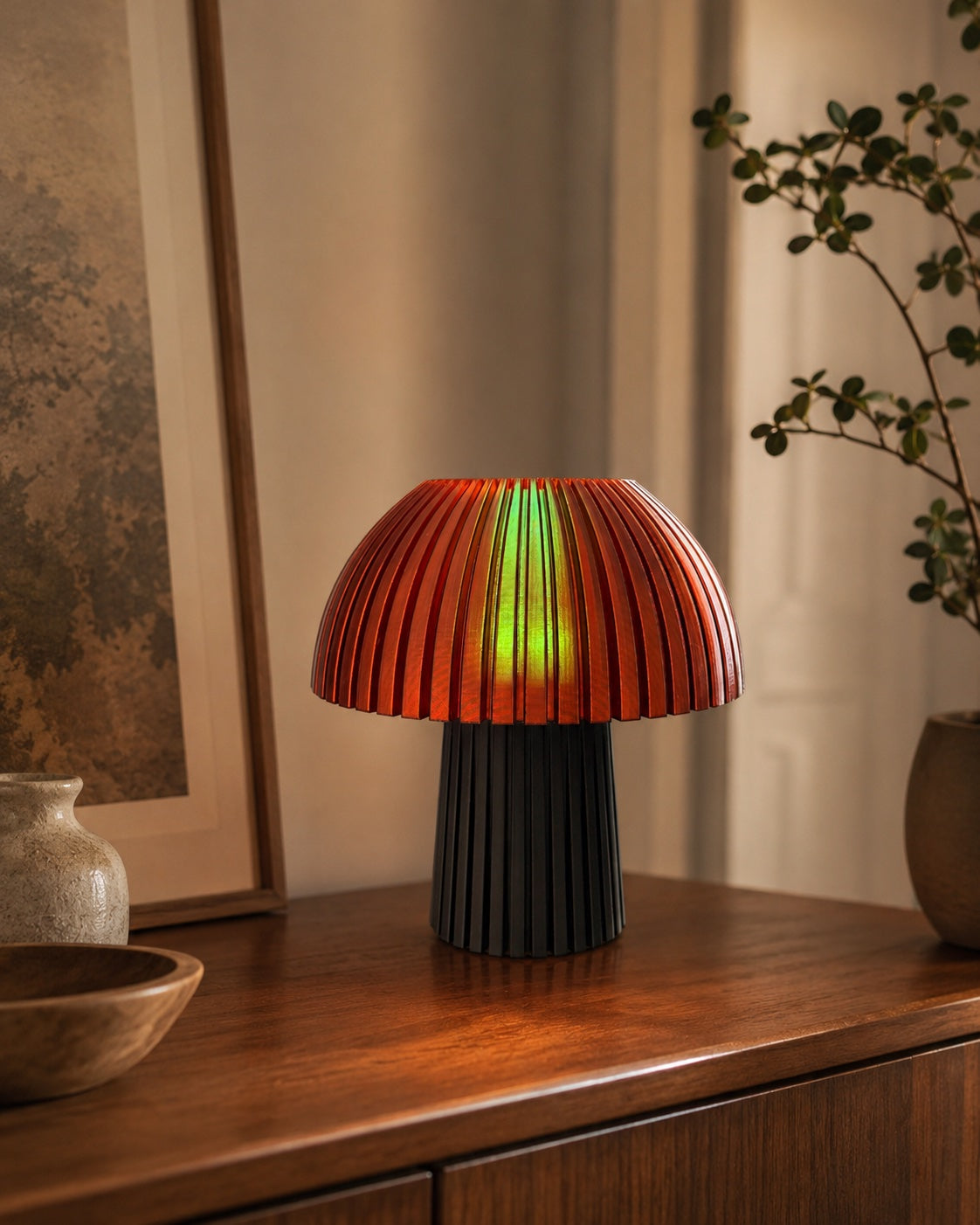 Lámpara Seta Mini en Carbón + Ámbar con la luz RGB en verde